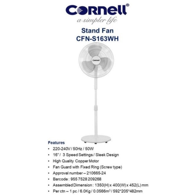 Cornell 16" Stand Fan CFN-S163WH