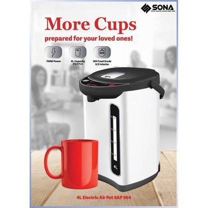 Sona SAP964 Electric Airpot 4L Two Way Dispenser 304 Food Grade Stainless Steel Pot & Lid