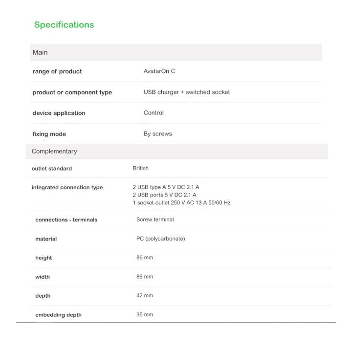 Schneider AvatarOn C 13A 1 Gang Switch with 2.1A 2 Port USB (White/Grey)