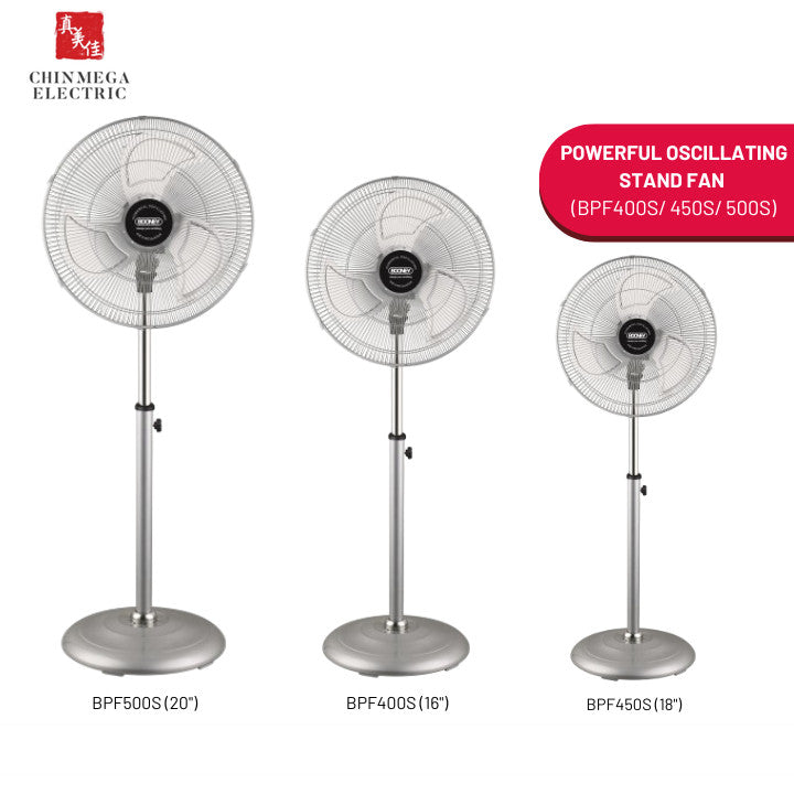 Booney Stand Fan 16"/ 18"/ 20" Powerful Oscillating Air Circulator Aluminum Fan - BPF400F| BPF450S | BPF500S