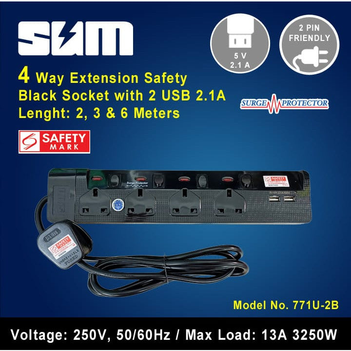 SUM White / Black 4 Way Extension Socket with 2 USB, Surge Protector with Safety Mark (2, 3, 6 meters)