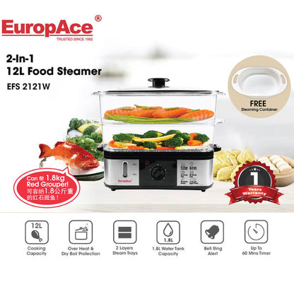 EuropAce 12L 2-in-1L Food Steamer EFS 2121W