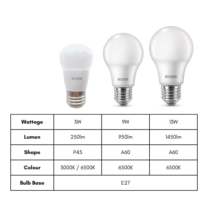 Ecolink Led Bulb E27 Lighting 3w/9w/13w | Cool Daylight 6500K / Warm White 3000K