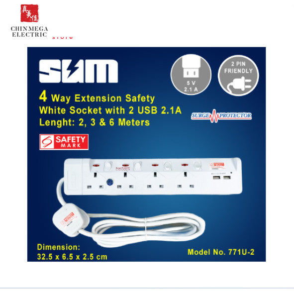 SUM 4 Way Extension Safety White Socket with 2 USB Ports (2.1A) & Surge Protector (2, 3 & 6 Meter)