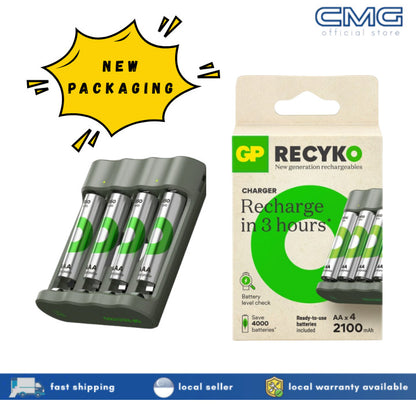 GP Recyko 4 slot USB Charger B441 with 4x AA 2100mAh NiMH Batteries