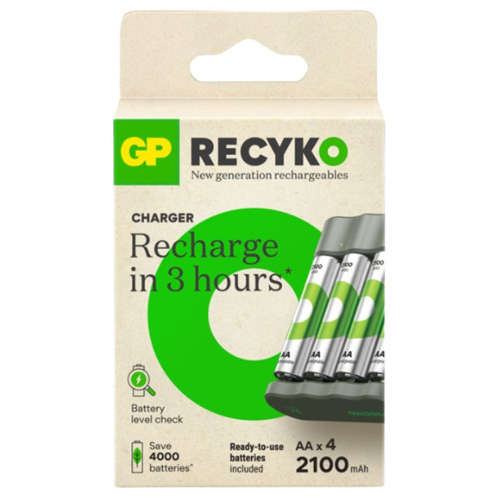 GP Recyko 4 slot USB Charger B441 with 4x AA 2100mAh NiMH Batteries