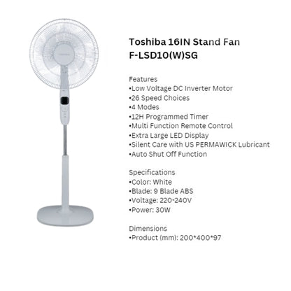 Toshiba AC/DC 16" Stand Fan with Timer and Remote (F-LSA10(W)SG / F-LSD10(W)SG)