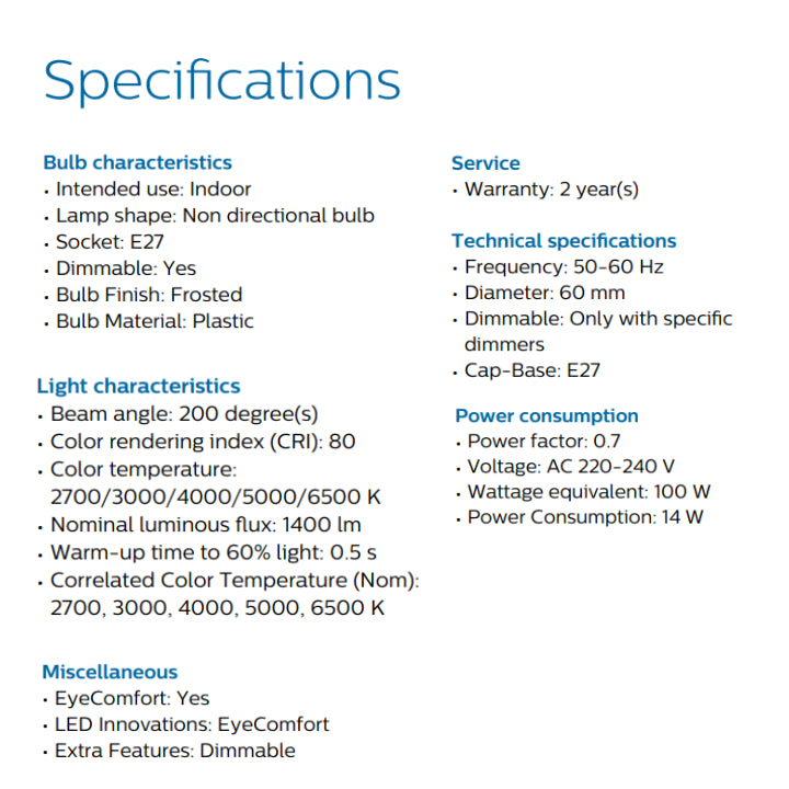 Philips LED 9W/ 14W E27 bulb / 5 selectable light color 2700K, 3000K, 4000K, 5000K, 6500K / Dimmable