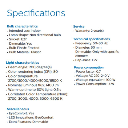 Philips LED 9W/ 14W E27 bulb / 5 selectable light color 2700K, 3000K, 4000K, 5000K, 6500K / Dimmable