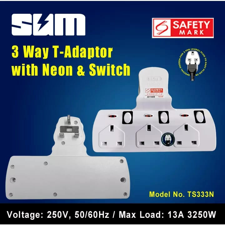 SUM 3 Way T-Adaptor Socket Plug Extension with Neon & Switch TS333N 13A, 250V, 50/60Hz (Singapore Safety Mark)