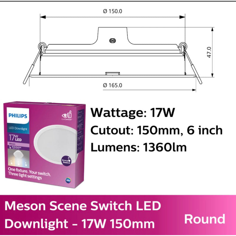 Philips Meson Scene Switch LED Downlight 5W/9W/13W /17W (1 Switch 3 Colours 2700K-4000K-6500K)