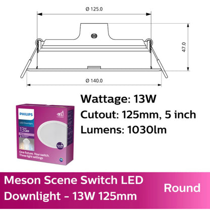 Philips Meson Scene Switch LED Downlight 5W/9W/13W /17W (1 Switch 3 Colours 2700K-4000K-6500K)