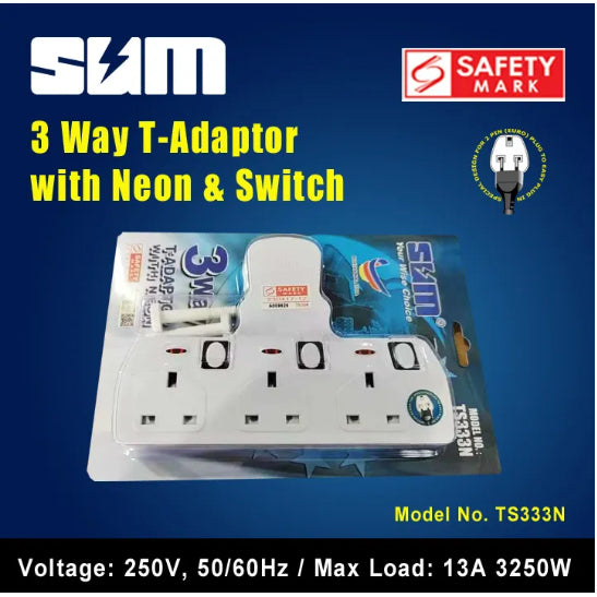 SUM 3 Way T-Adaptor Socket Plug Extension with Neon & Switch TS333N 13A, 250V, 50/60Hz (Singapore Safety Mark)