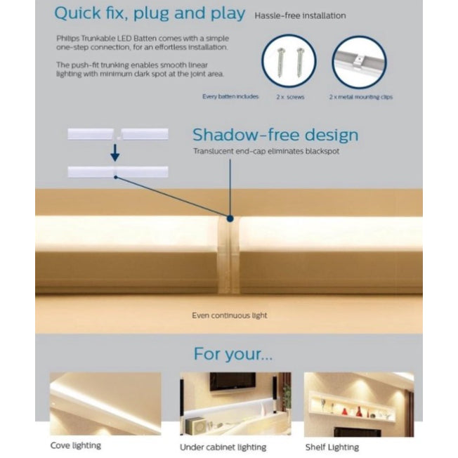 Philips Trunkable Linea LED Batten Wall Light / Cove light 4w/7w/9w/13w - 1/2/3/4 ft (Includes Linea Wire)