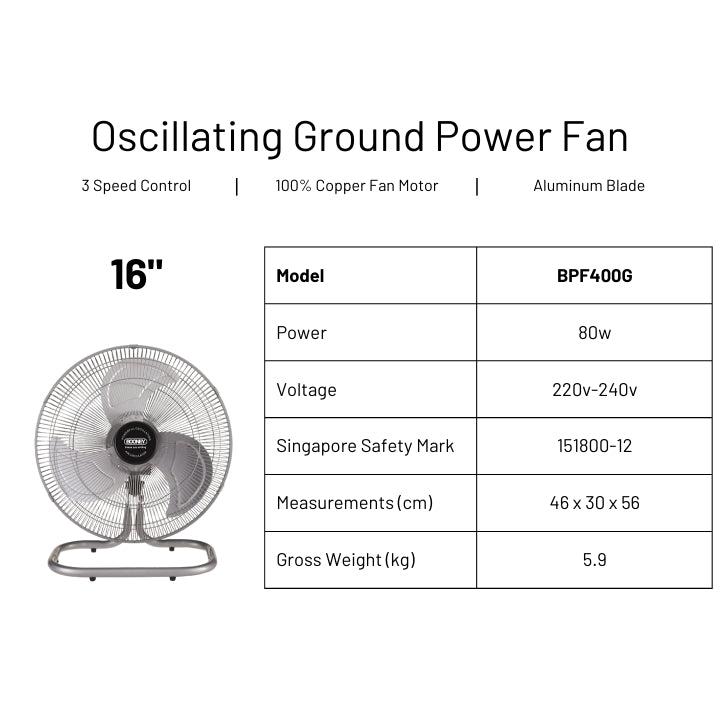 Booney Powerful Oscillating Air Circulator (Floor Power Fan) || 16" (BPF400G) / 18" (BPF450G) / 20" (BPF500G)