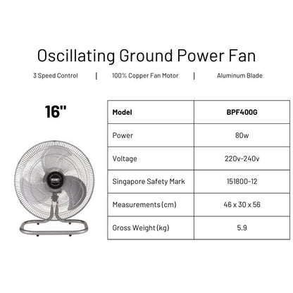 Booney Powerful Oscillating Air Circulator (Floor Power Fan) || 16" (BPF400G) / 18" (BPF450G) / 20" (BPF500G)