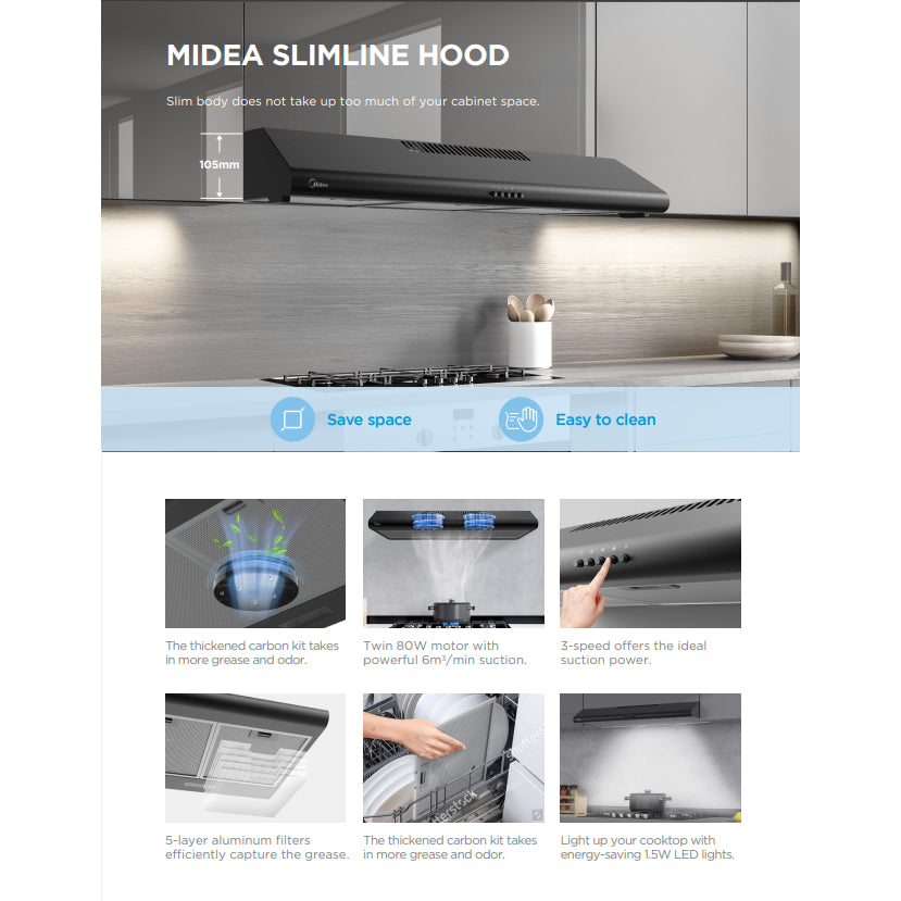 [ Bundle Deal! ] Midea Kitchen 2 Burner 80/88cm Gas Hob (TG/LPG) + Chimney Hood 90cm (Black/Silver)