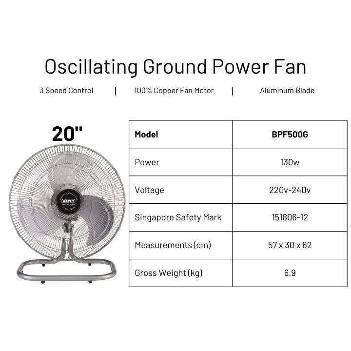 Booney Powerful Oscillating Air Circulator (Floor Power Fan) || 16" (BPF400G) / 18" (BPF450G) / 20" (BPF500G)