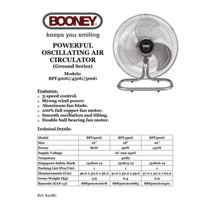 Booney Powerful Oscillating Air Circulator (Floor Power Fan) || 16" (BPF400G) / 18" (BPF450G) / 20" (BPF500G)