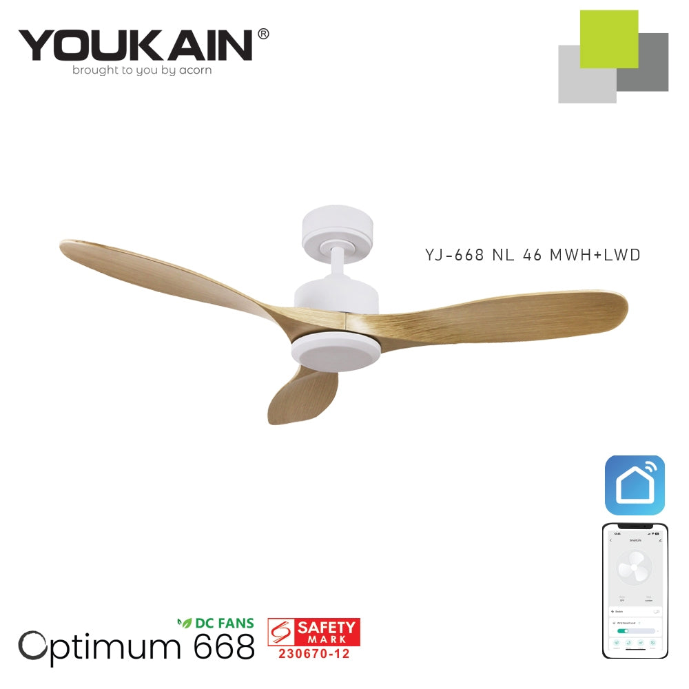 Youkain Optimum YJ-668 Downrod System Smart DC Motor Ceiling Fan 36" / 46" / 52" w 24W LED Tri-Color Light*