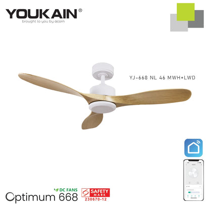 Youkain Optimum YJ-668 Downrod System Smart DC Motor Ceiling Fan 36" / 46" / 52" w 24W LED Tri-Color Light*