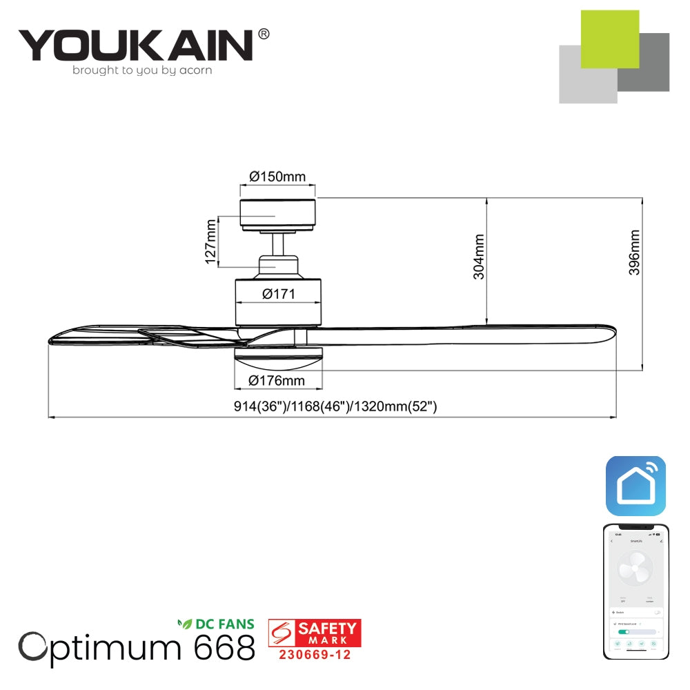 Youkain Optimum YJ-668 Downrod System Smart DC Motor Ceiling Fan 36" / 46" / 52" w 24W LED Tri-Color Light*