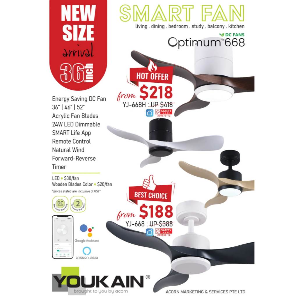 Youkain Optimum YJ-668 Downrod System Smart DC Motor Ceiling Fan 36" / 46" / 52" w 24W LED Tri-Color Light*