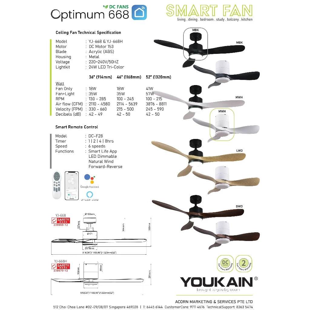 Youkain Optimum YJ-668 Downrod System Smart DC Motor Ceiling Fan 36" / 46" / 52" w 24W LED Tri-Color Light*