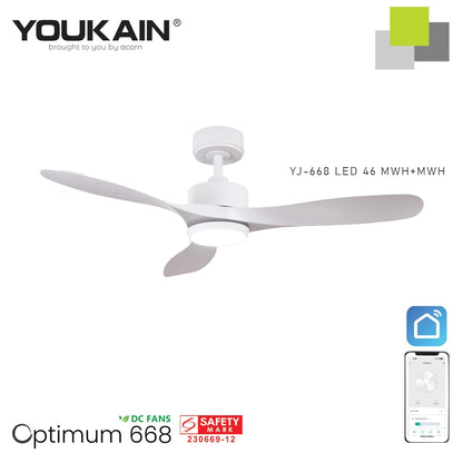 Youkain Optimum YJ-668 Downrod System Smart DC Motor Ceiling Fan 36" / 46" / 52" w 24W LED Tri-Color Light*