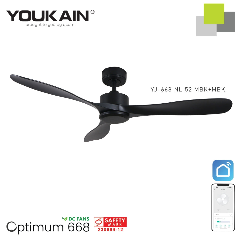 Youkain Optimum YJ-668 Downrod System Smart DC Motor Ceiling Fan 36" / 46" / 52" w 24W LED Tri-Color Light*