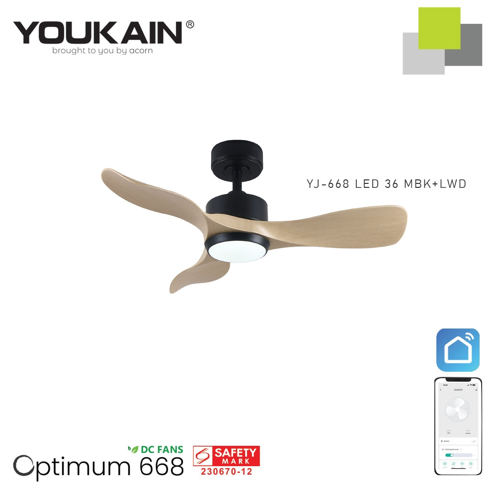 Youkain Optimum YJ-668 Downrod System Smart DC Motor Ceiling Fan 36" / 46" / 52" w 24W LED Tri-Color Light*