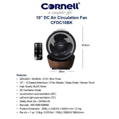 Cornell CFDC10BK DC Motor 10 Inch Air Circulation Fan With Remote