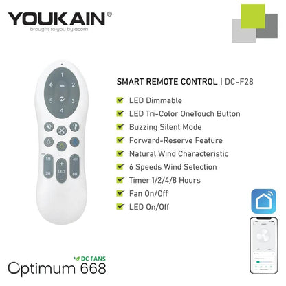 Youkain Optimum YJ-668 Downrod System Smart DC Motor Ceiling Fan 36" / 46" / 52" w 24W LED Tri-Color Light*