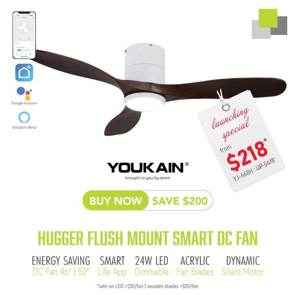 Youkain Optimum YJ-668 Downrod System Smart DC Motor Ceiling Fan 36" / 46" / 52" w 24W LED Tri-Color Light*