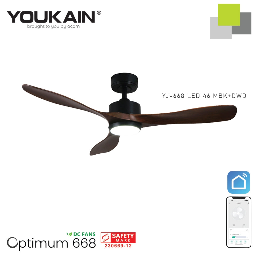 Youkain Optimum YJ-668 Downrod System Smart DC Motor Ceiling Fan 36" / 46" / 52" w 24W LED Tri-Color Light*