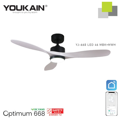 Youkain Optimum YJ-668 Downrod System Smart DC Motor Ceiling Fan 36" / 46" / 52" w 24W LED Tri-Color Light*