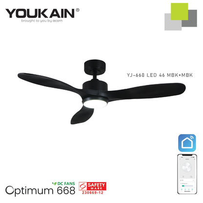 Youkain Optimum YJ-668 Downrod System Smart DC Motor Ceiling Fan 36" / 46" / 52" w 24W LED Tri-Color Light*