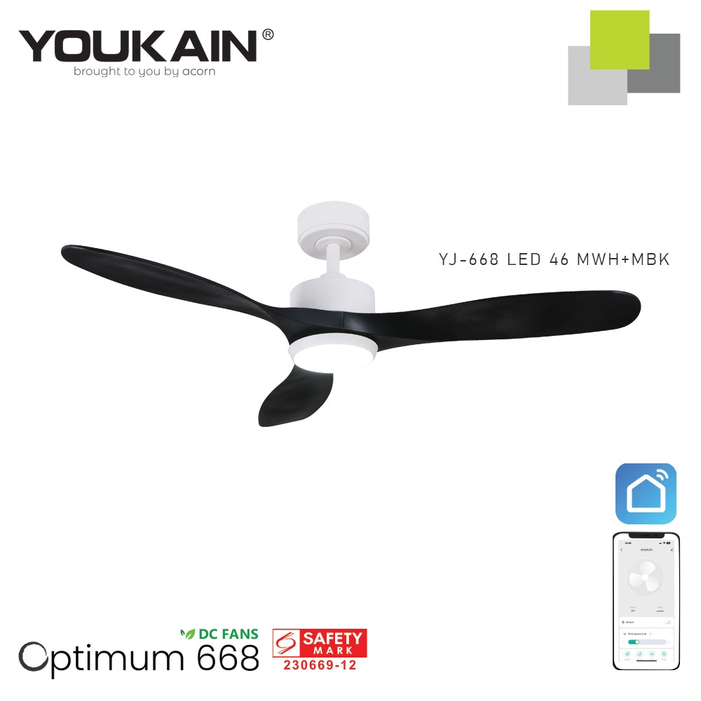 Youkain Optimum YJ-668 Downrod System Smart DC Motor Ceiling Fan 36" / 46" / 52" w 24W LED Tri-Color Light*