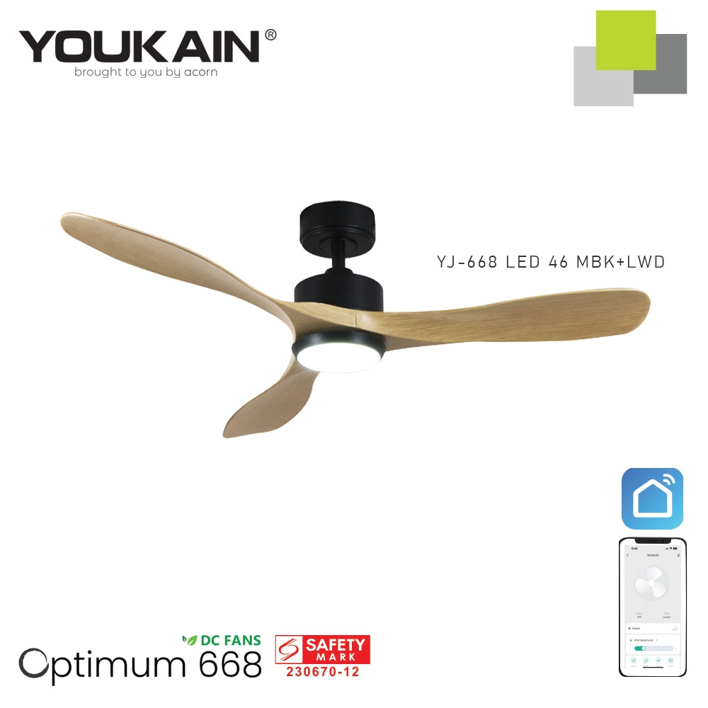 Youkain Optimum YJ-668 Downrod System Smart DC Motor Ceiling Fan 36" / 46" / 52" w 24W LED Tri-Color Light*