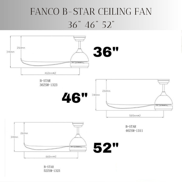 FANCO B-STAR 36" & 46" & 52" DC MOTOR CEILING FAN (Installation Service Please Contact Live Seller)