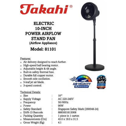 Takahi  8110  Electric 10-Inch Power Airflow Stand Fan