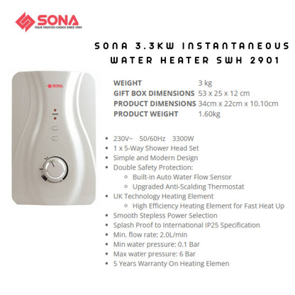 SONA 3.3KW Instantaneous Water Heater SWH 2901