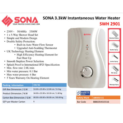 SONA 3.3KW Instantaneous Water Heater SWH 2901