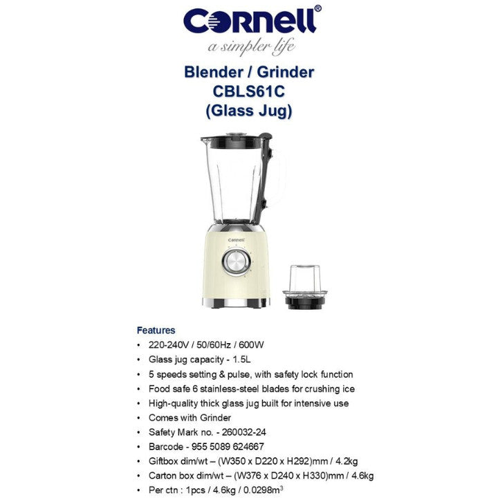 Cornell 1.5L Glass Jug Blender with Grinder High Speed Mixer