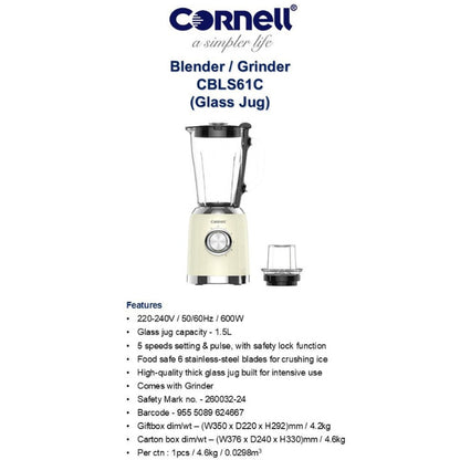 Cornell 1.5L Glass Jug Blender with Grinder High Speed Mixer