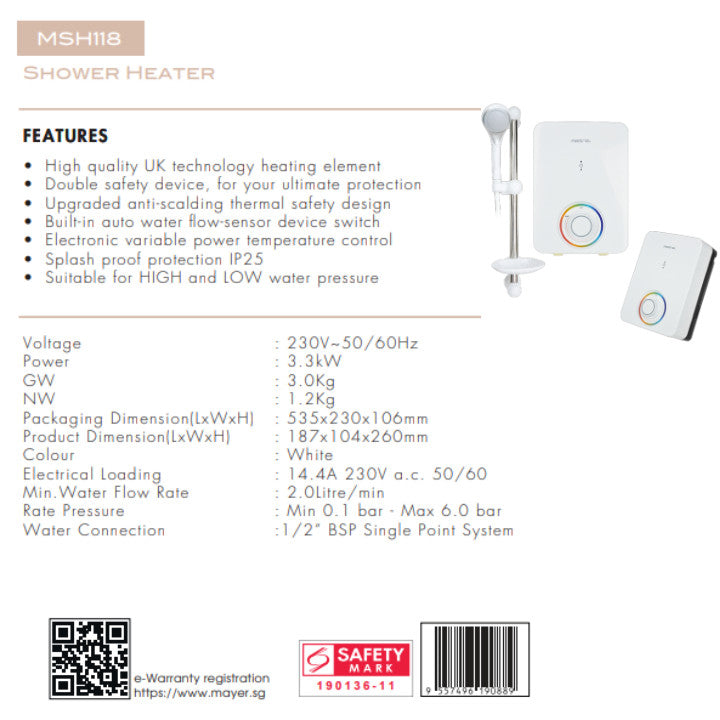 Mistral Instant Water Heater [MSH118] *Installation Available*