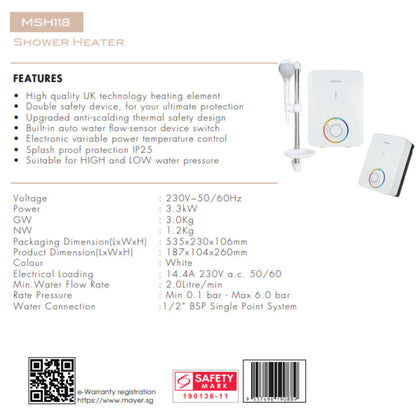 Mistral Instant Water Heater [MSH118] *Installation Available*
